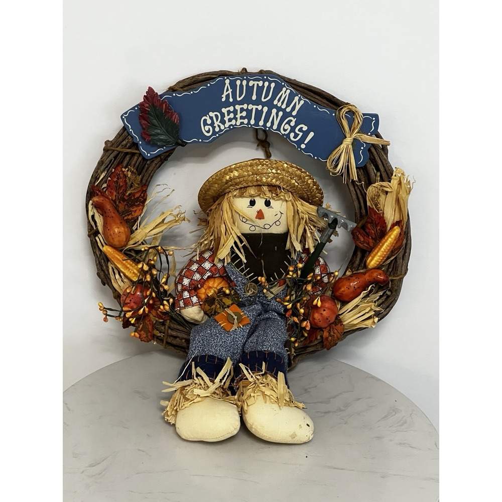 Vtg Scarecrow Wreath Door Wall Autumn Fall Thanksgiving Rustic Farm Cottage